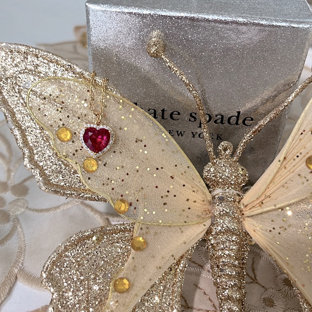 Kate Spade ♠️ Ruby & Gold Heart Custom Shaped Stone & Cubic Zirconia Necklace
